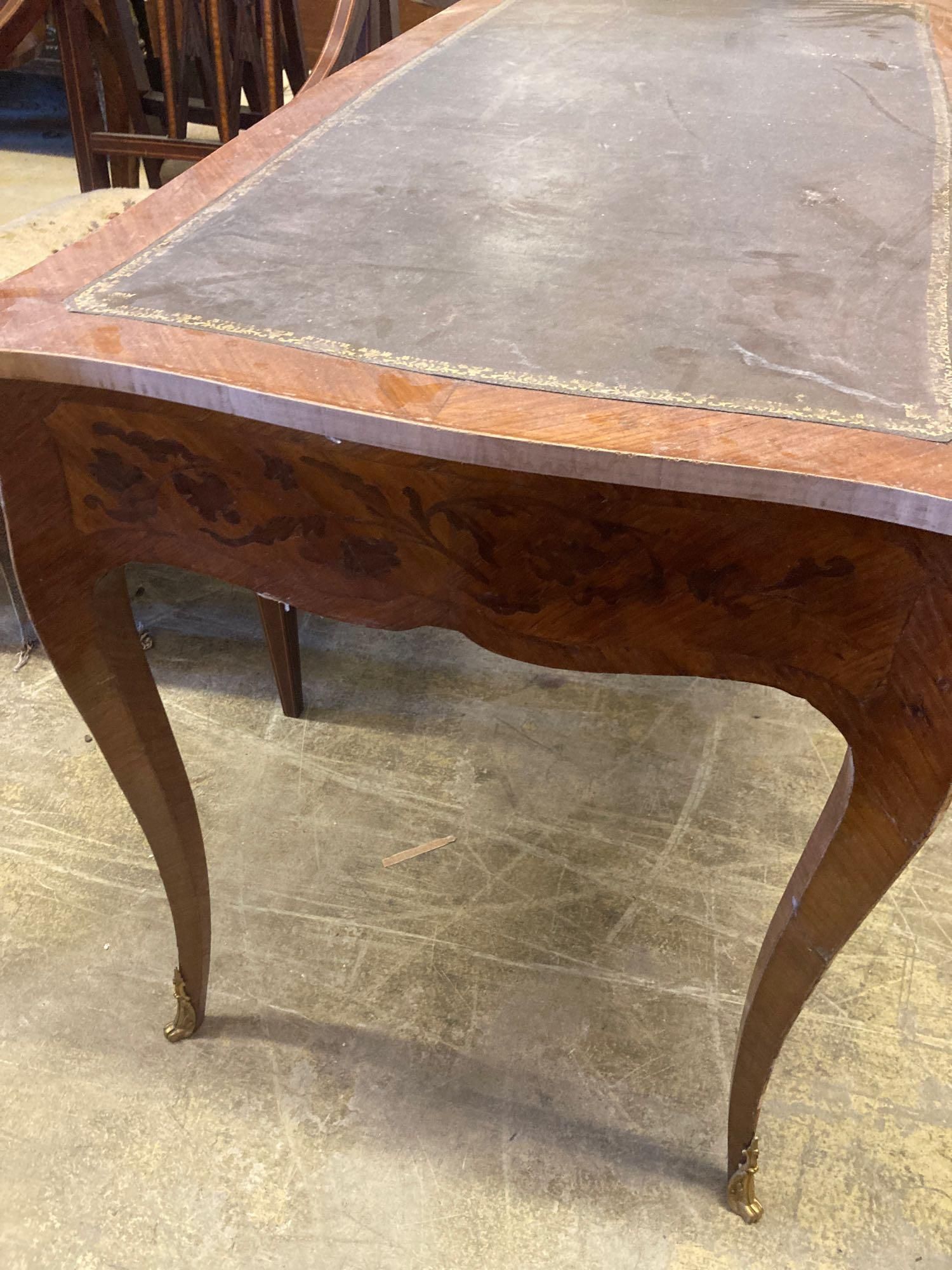 A Louis XVI style kingwood writing table, with central drawer, width 114cm and a Victorian mahogany hall chair